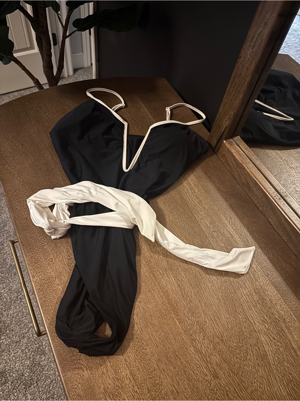 Lulu’s Black One-Piece Swimsuit with White Trim and Waist Tie - Picture 8 of 8